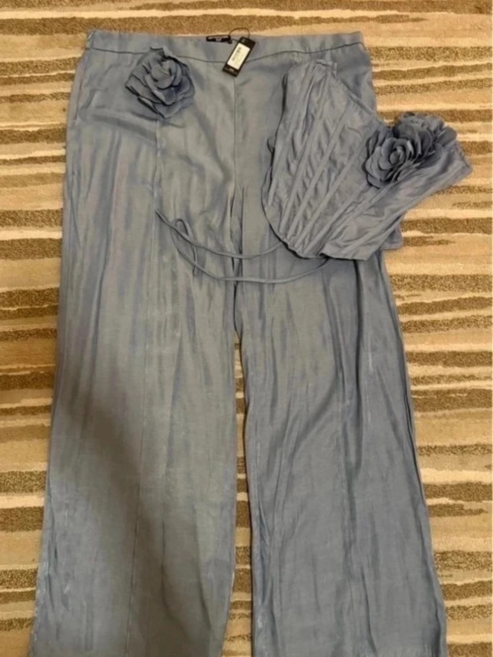 PrettyLittleThing Light Blue Wide Leg Pants with Floral Appliqué
